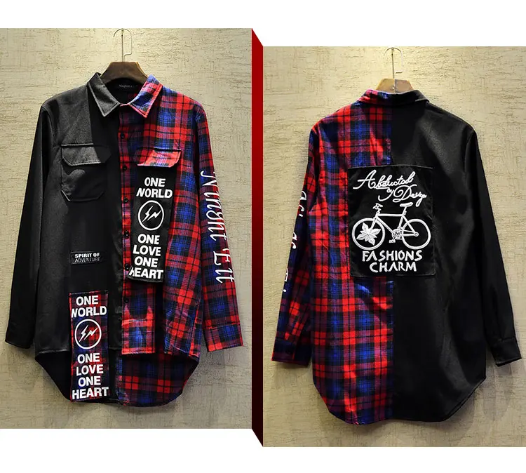 New Western Diablo Style Fashion Individuality Printed Plaid Patchwork Men's Long-Sleeved Shirts Hip Hop Autumn Streetwear Color