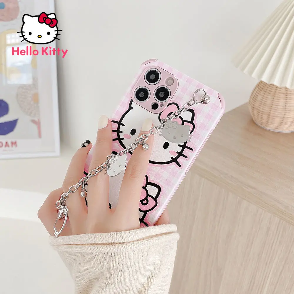 Чехол Hello Kitty для IPhone/7/8P/X/XR/XS/XSMAX/11/12Pro/12mini с рисунком из мультфильма и цепью