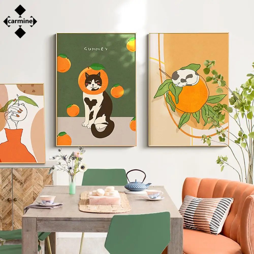 

Orange Canvas Poster Modern Fruit Wall Art Painting Cartoon Cat Posters and Prints Nordic Picture Painting for Living Room Decor