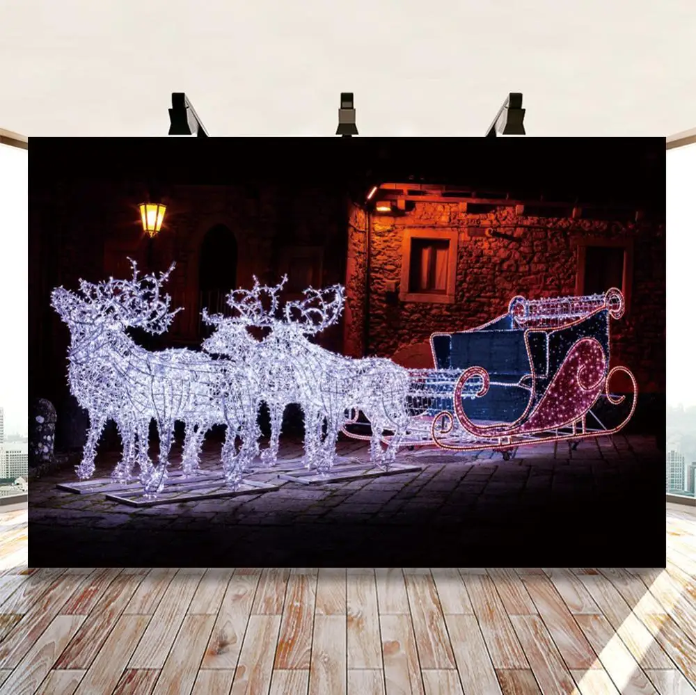 

Christmas Garland Reindeer Sleigh Street Night Light Cottage Background For Photo Studio Winter Backdrop casitas de navidad