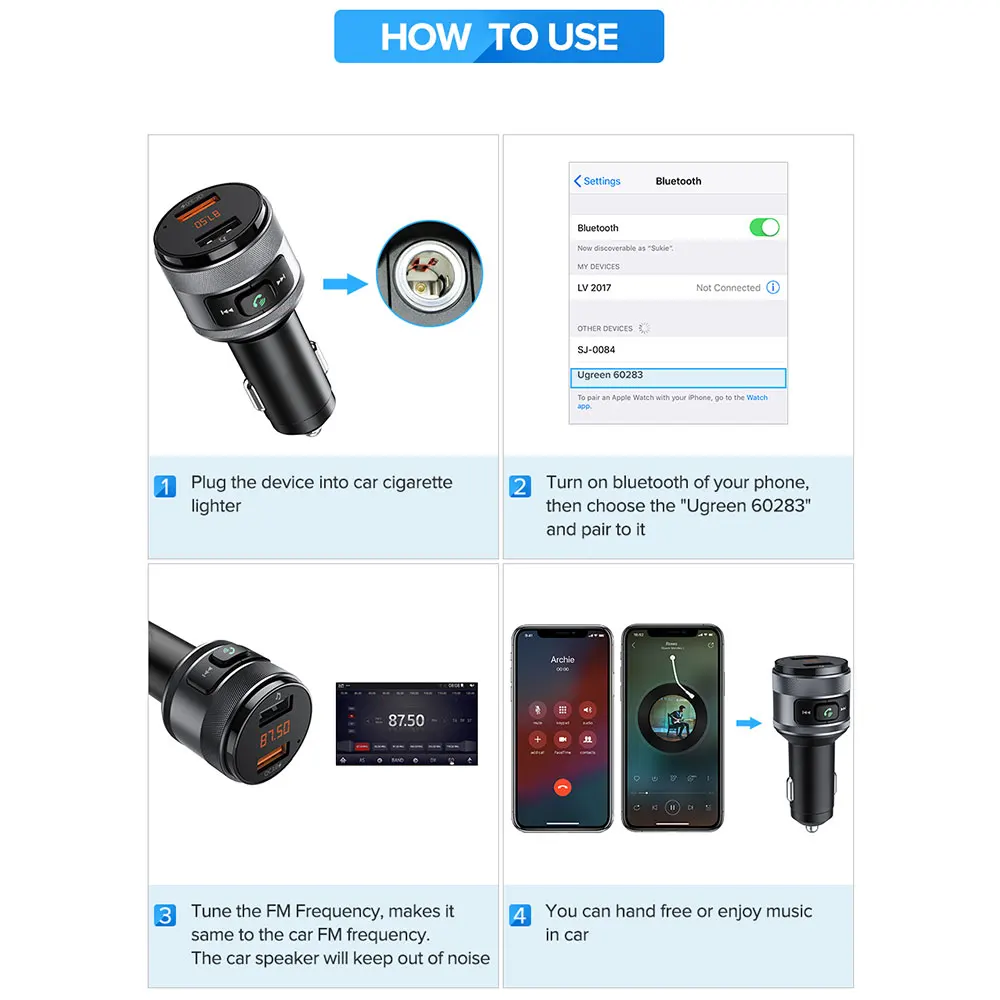 Bluetooth 4 2 fm передатчик автомобильное быстрое зарядное устройство QC3.0 u диск