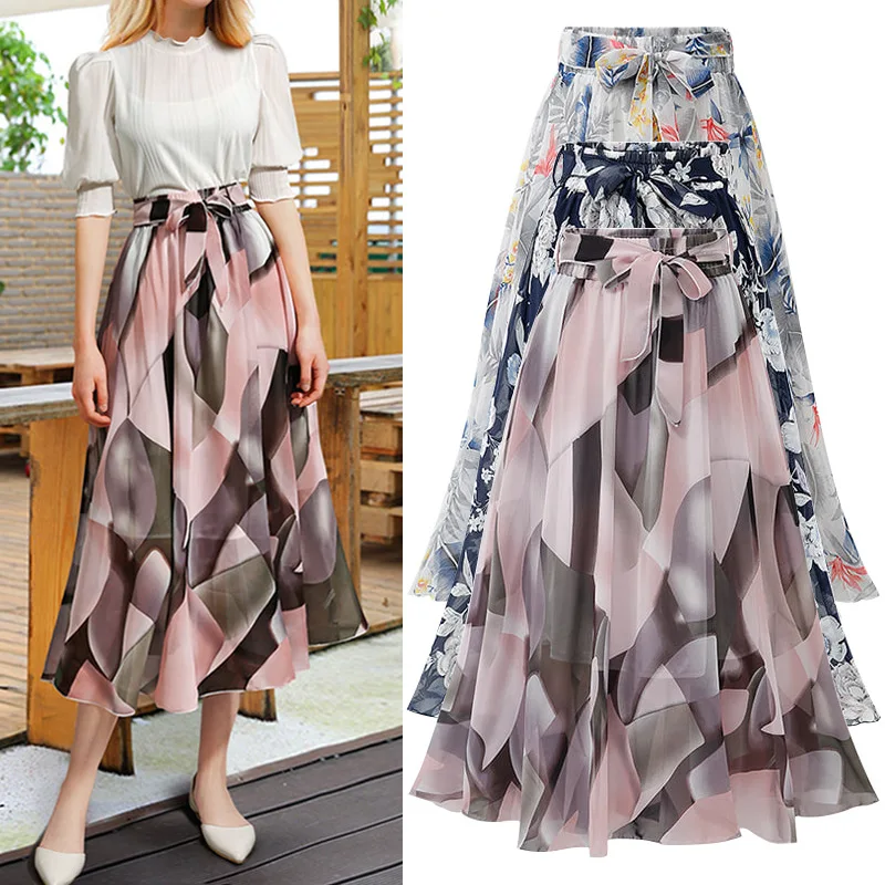 

Falda de gasa para mujer, falda larga de talla grande para primavera y novedad de verano,CC68falda Floral, de cintura alta, fina
