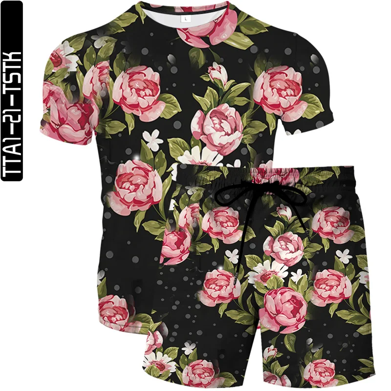 

2021 Summer Women's T-shirt Top Rose 3D Pattern Printed T-shirt + Men's Shorts Swimwear Shorts Clothing Thin Men's Swimwear