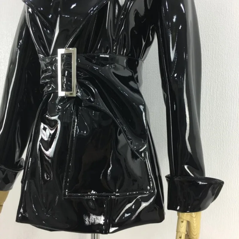 

2021 Fashion Glossy Patent Leather Jackets Pu Leather Clothes Female Street Style Was Thin Long Coat Winter Add Cotton Thicken