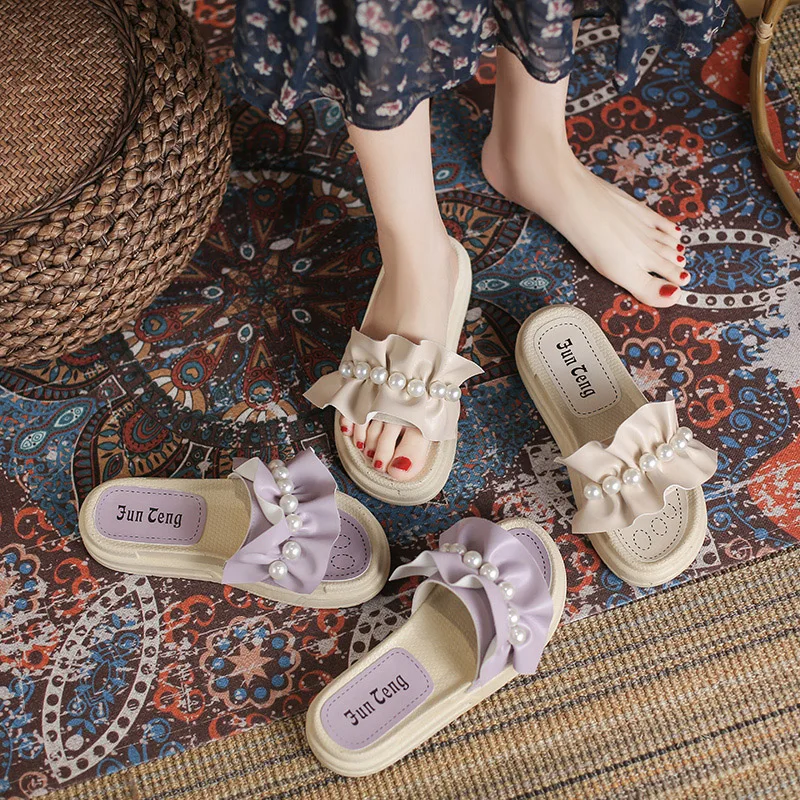 

House Slippers Platform Beach Shoes Slipers Women Luxury Slides Med Sabot 2021 Designer Flat Rome Cotton Fabric PU Shoes Med Lad