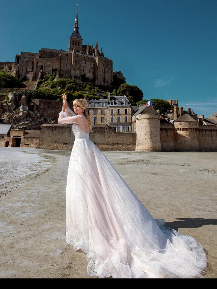 

YILIBER Lace wedding dress simple beautiful v-neck wedding gown atmosphere sequins lace tailing 3d flower plus size