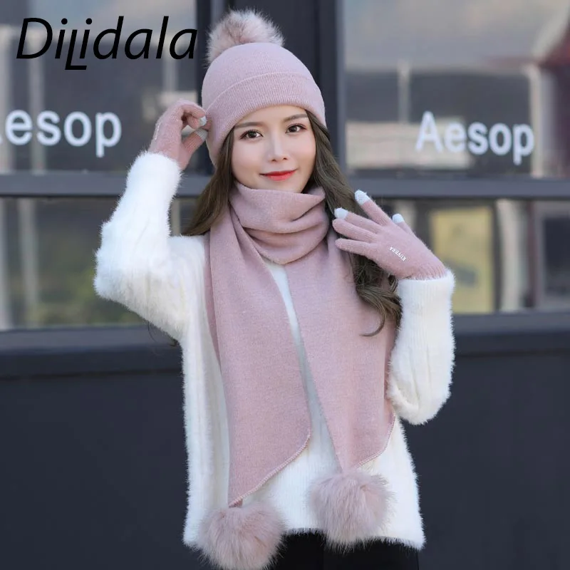 Dilidala Hat Scarf Gloves Winter Woman Thickened Double Wool Fashion Wild Warm &amp Glove Sets For Women |