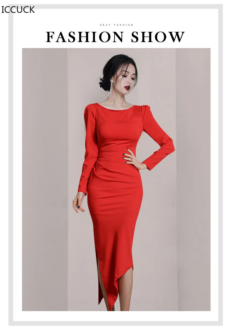 

ICCUCK Autumn and Spring New Women's Long Sleeve Mid-length Celebrity Slim Slimming Irregular Bodycon Party Dress