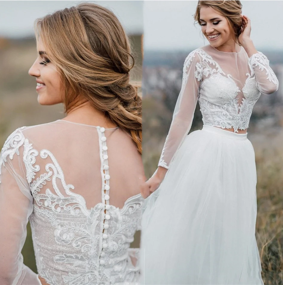 

2020 Two Piece Ivory Tulle Country Wedding Dresses A Line Illusion Long Sleeve Bride Dress Applique Lace Boho Beach Bridal Gowns