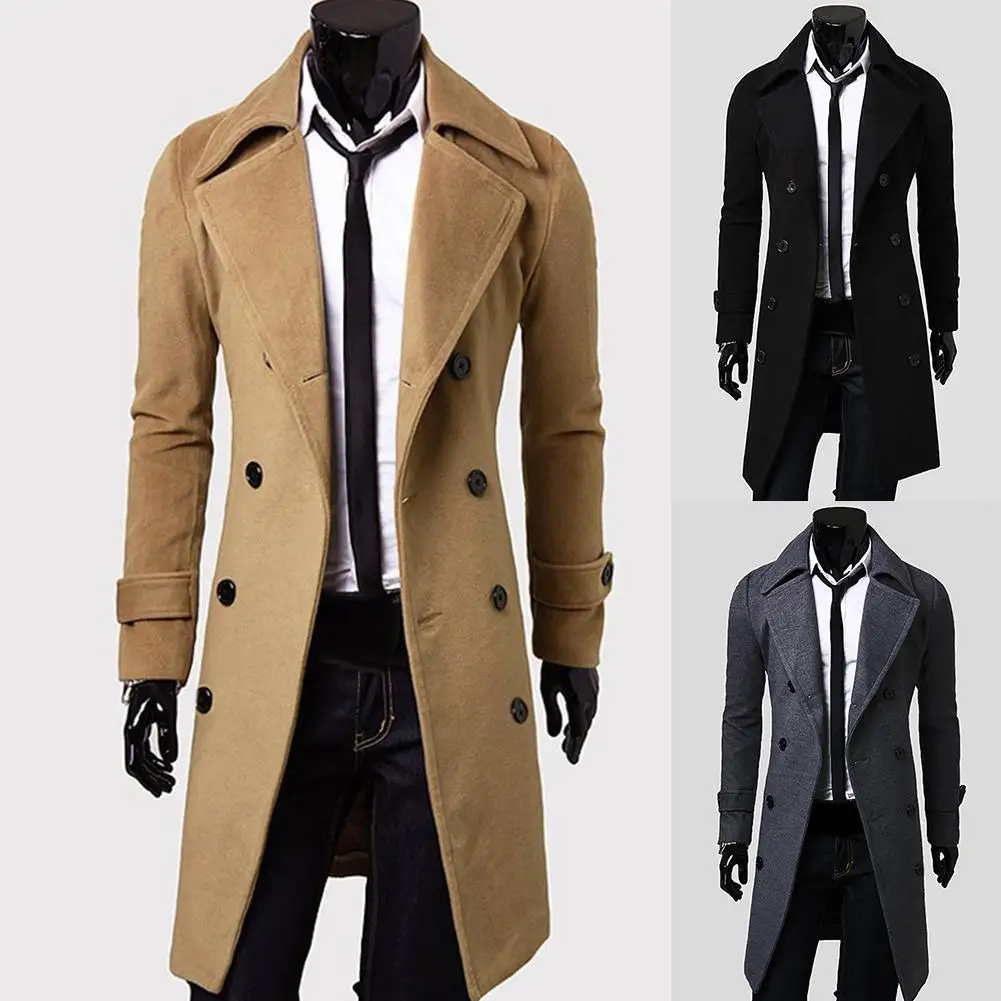 

Модное пальто, мужское шерстяное пальто, зимнее теплое однотонное длинное пальто-Тренч, куртка, двубортное деловое повседневное пальто, пар...