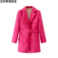 xnwmzn new blazer dressturn down collar belt coat casual women pink long sleeve pocket jacket single suit 2021 female clothes