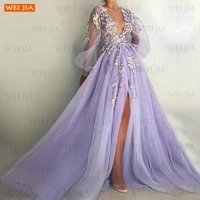 eightale lilac purple prom dress v neck long sleeves vestidos de gala 3d flowers tulle side split formal party dresses for women