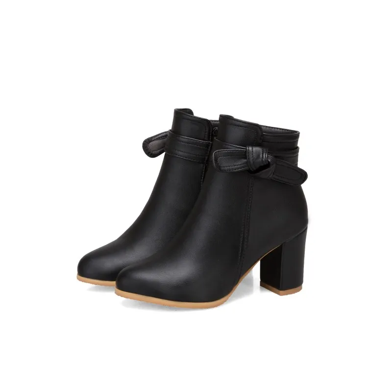 Большой Размеры 1 мадам грубый каблук полусапожки Чистый цвет бантом