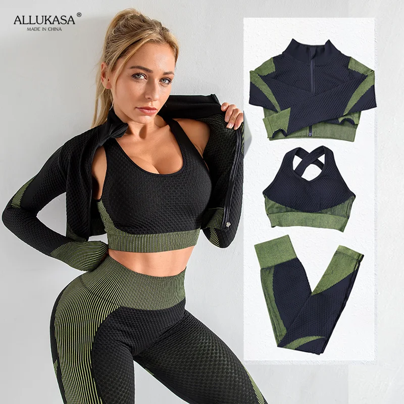 

2020 Fitness Suits Yoga Women Outfits 3pcs Sets Long Sleeve Shirt+Sport Bra+Seamless Leggings Workout Running Clothing Gym Wear