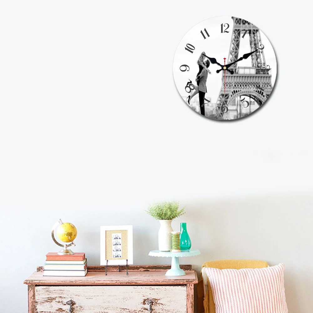 WONZOM Gray Lovers Tower Wooden Cardboard Wall Clock European Retro for Chic Home Office Cafe Decor Silent | Дом и сад