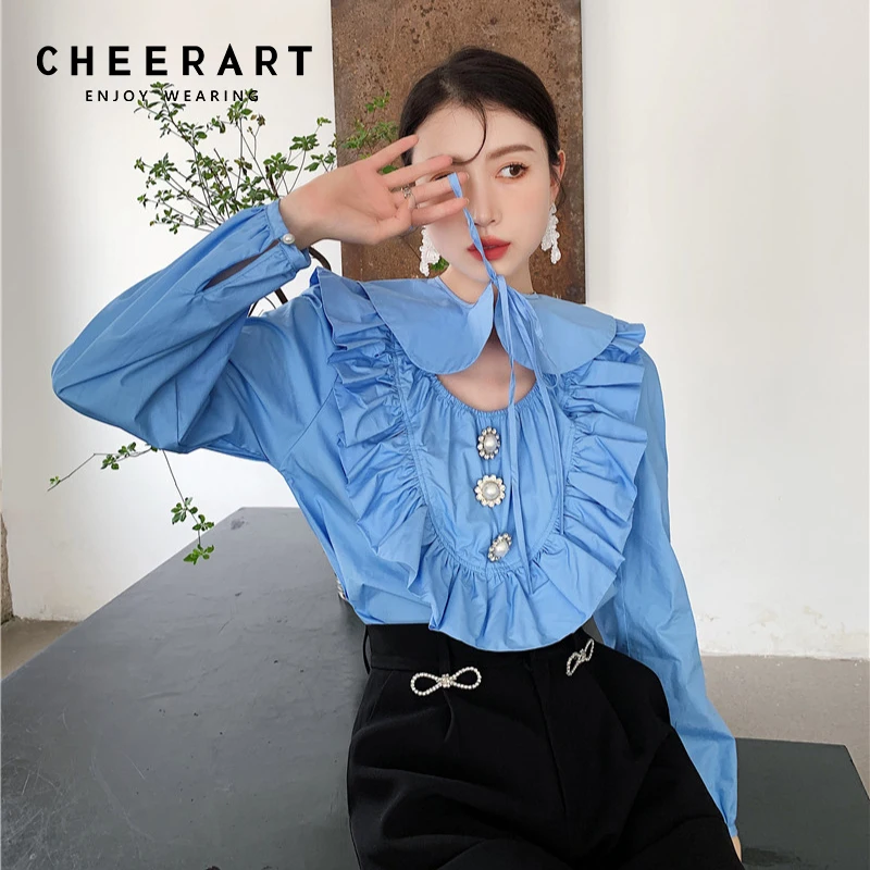 

CHEERART Peter Pan Collar Blue Ruffle Long Sleeve Top And Blouses Peal Button Designer Korean Fashion Ladies Top Autumn 2021