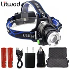Светодиодный головной фонарь Litwod Z20 XML L2, фонарь с увеличением, фонарик с аккумулятором 18650, передние ночные фонари