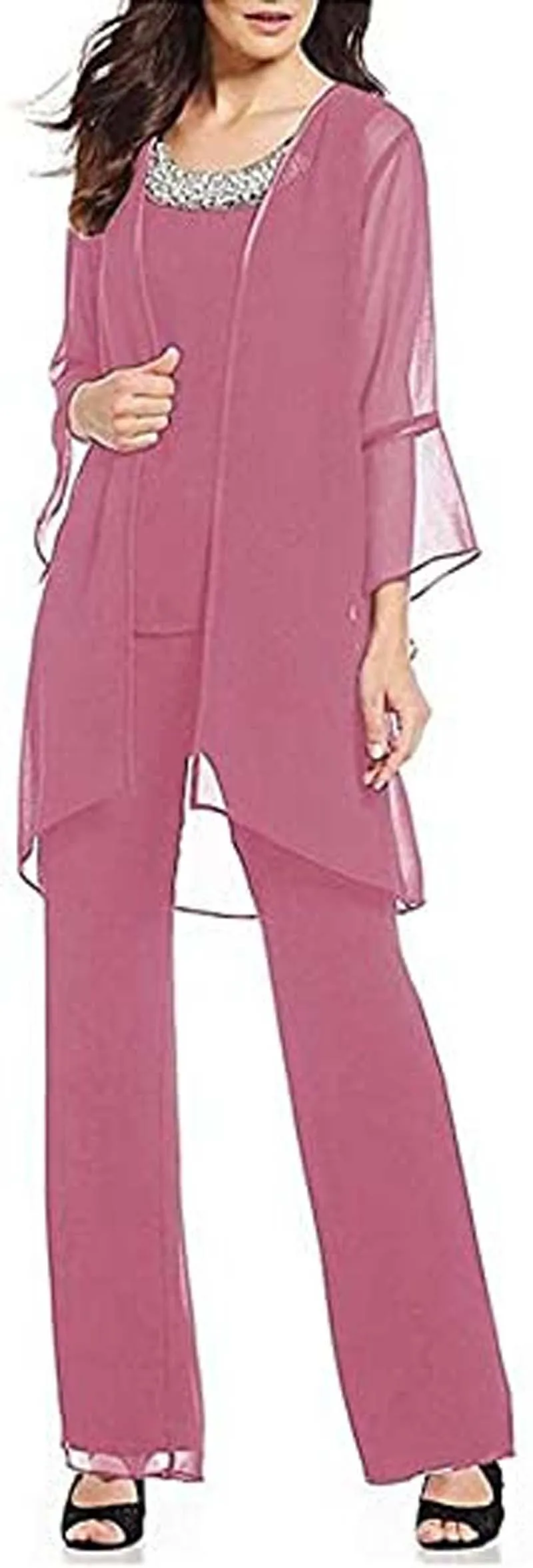 

O-Neck Sleeveless Bolero Blouse Trousers Three piece suit Chiffon Beaded mother dress for wedding party