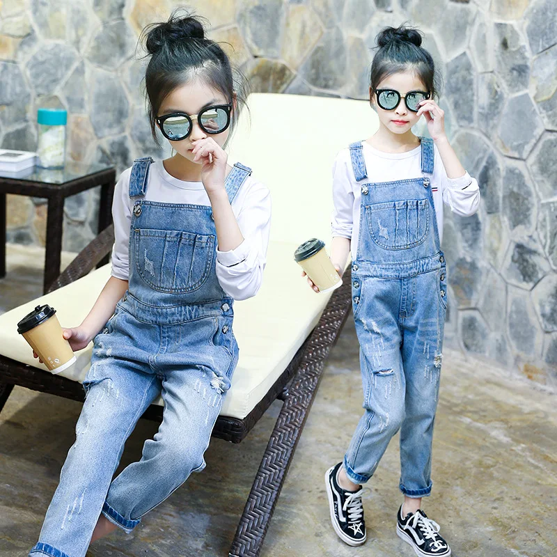 

Kids denim overalls 2020 spring big girls cowboy strap hole pants children Korean belt trousers 5 to 16 years baby jeans clothes