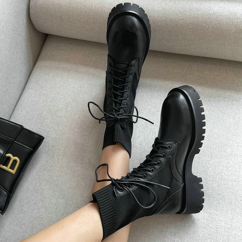 

Round Toe Ankle Boots 2021 Winter Newest Genuine Leather knitting Lace Up Shoes Woman Top Quality Night Club Party ladies Boots