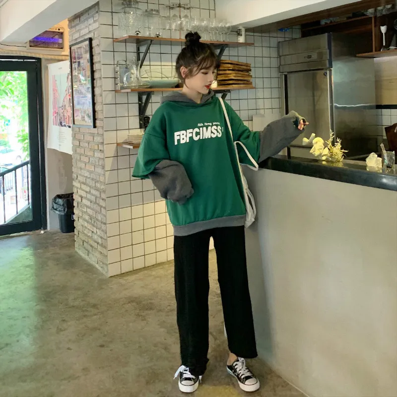 Женская свободная толстовка с длинным рукавом корейский пуловер буквенным