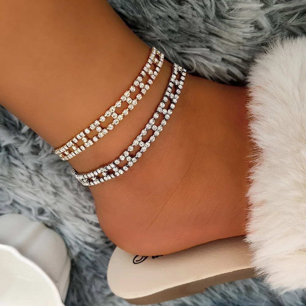

Caraquet Bling Luxury Double Row Rhinestone Anklets For Women Gold Silver Color Crystal Tennis Chain Anklet 2021 Charm Jewelry