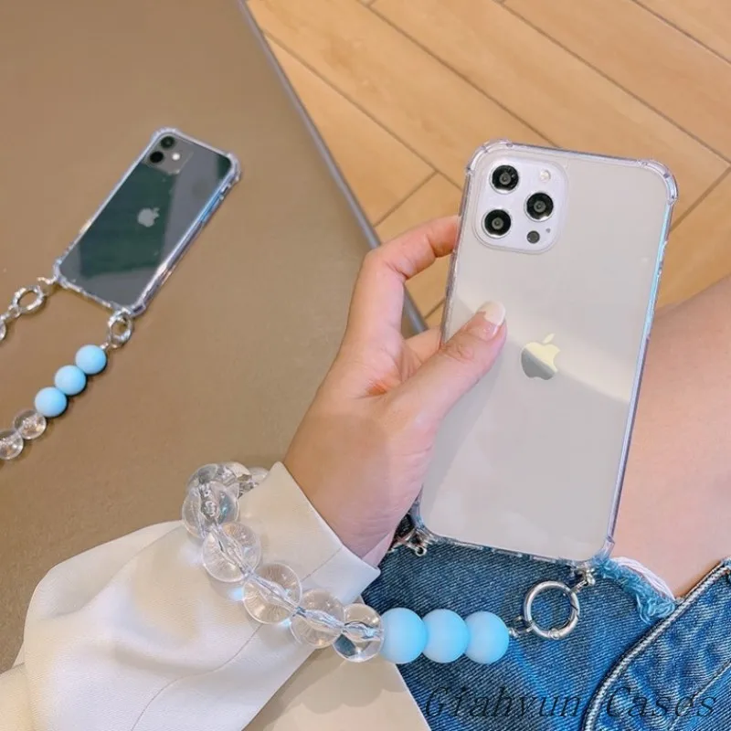 

Frosted Crystal bead Bracelet Wrist Chain Case For iphone 12 Pro Max 11 Pro XR X XS 7 8 plus 6S SE MINI S21 20 Clear Soft Cover