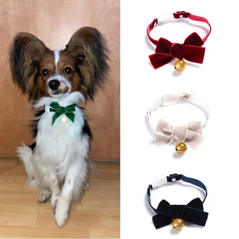 

17-30cm Christmas Party Accessories For Pets Adjustable Velvet Bow Ties Pet Bells Collar Cats Small Dogs Safety Buckle Collars