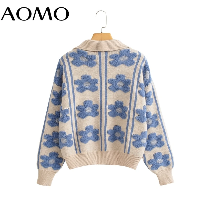 

AOMO Women Elegant Flower Jaquared Oversized Knitted Sweater Jumper Turn Down Collar Pullovers Chic Tops BC32A