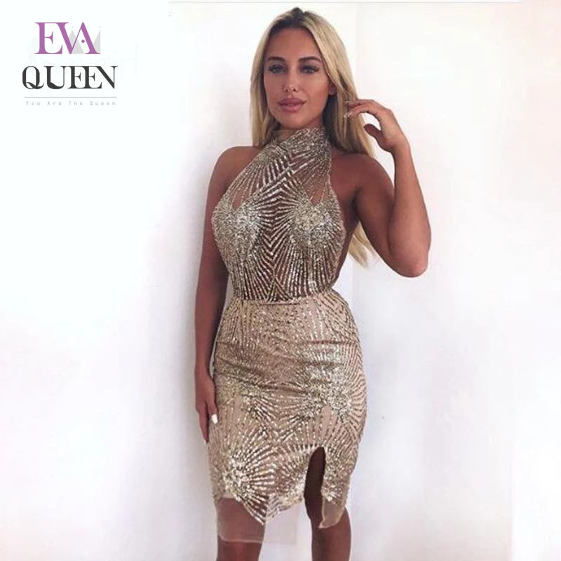 Женское Сетчатое платье с открытой спиной EvaQueen открытыми плечами и блестками на