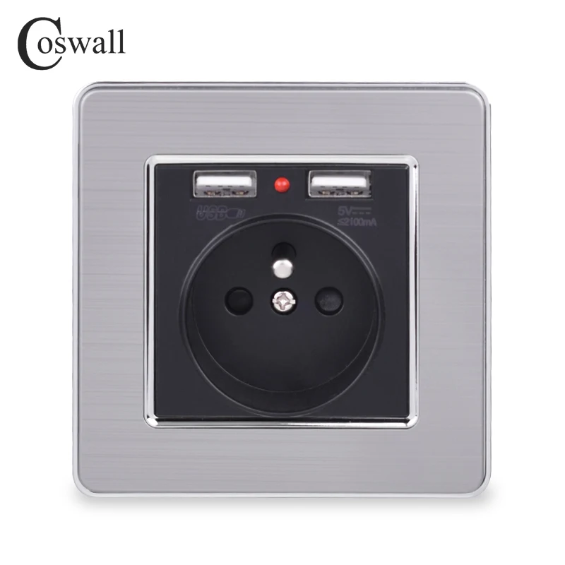 Coswall черный двойной зарядка через usb Порты и разъёмы 5V 2.1A стены Зарядное устройство адаптер со светодиодным индикатором 16A французский Мощность гнездо Нержавеющая сталь Панель