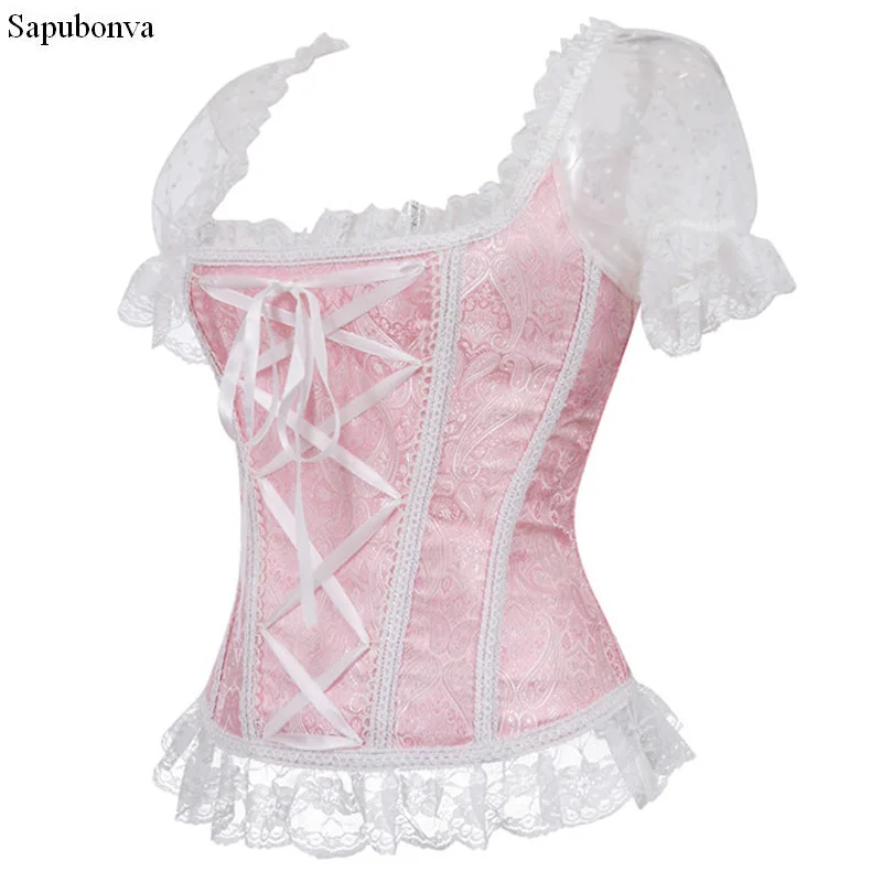 

Sapubonva Satin Corsets and Bustiers Gothic Lace Up Vest Overbust Corsets Shoulder Straps Brocade Corselet for Women Steampunk
