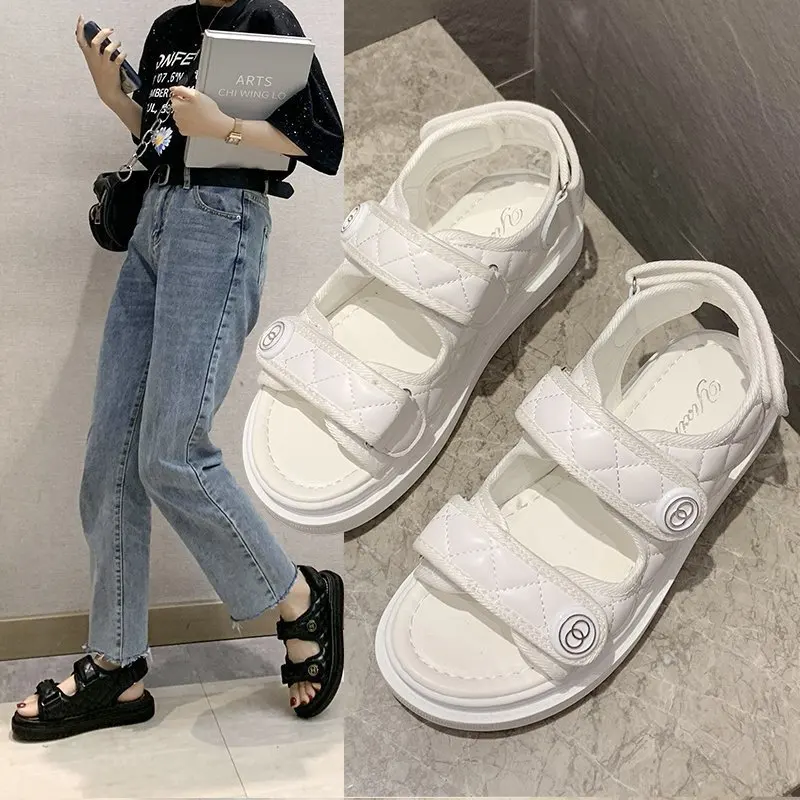 

Women Sandals 2021 White Platform Open-toe Personality Buckle Sequins Velcro Flat Sandals Summer New Outdoor Chunky Woman Shoe