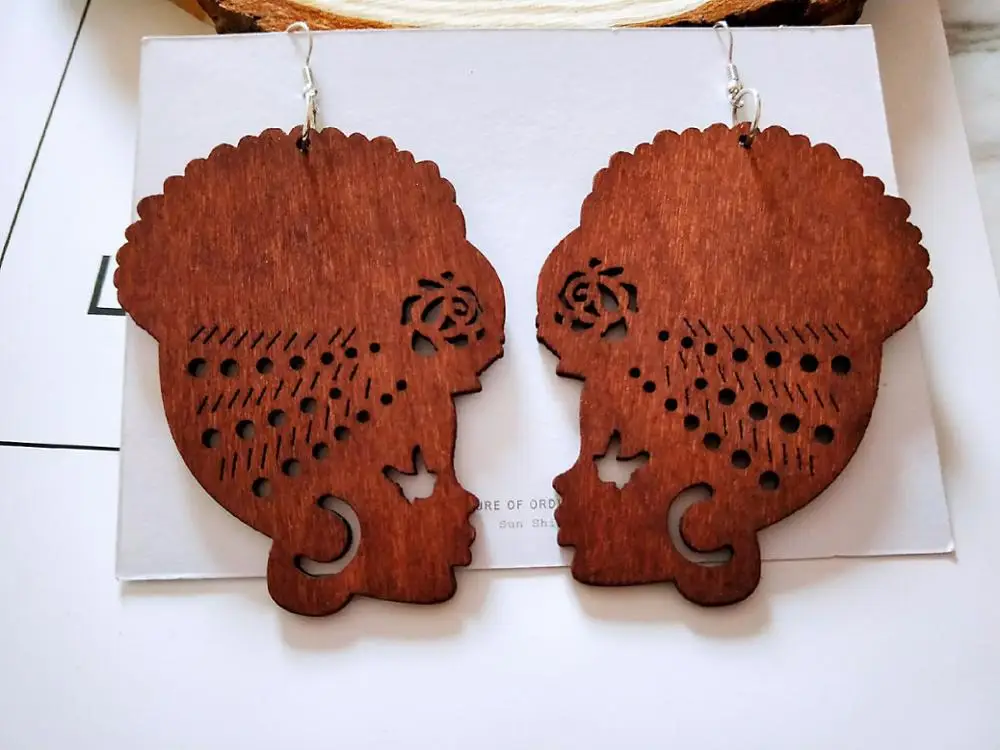 A Tribal Wood Black Women Pattern DIY Painting Afro Vintage Earrings Brincos Wooden Boho African Bohemia Jewelry Party Accessory - Окраска металла: A