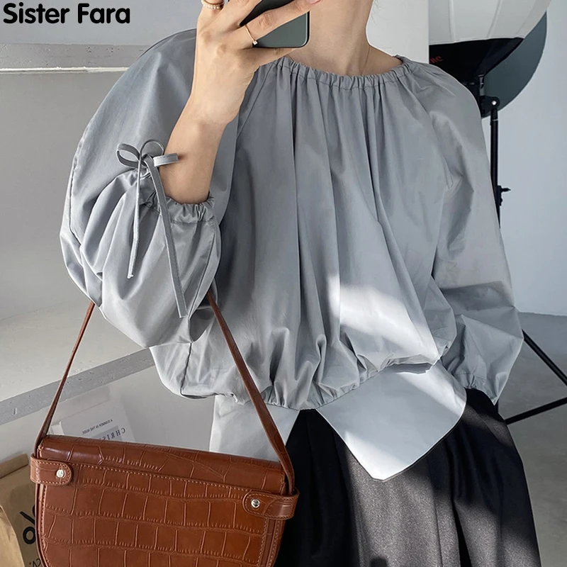 

Женская блузка с круглым вырезом, прямая, с рукавами-фонариками