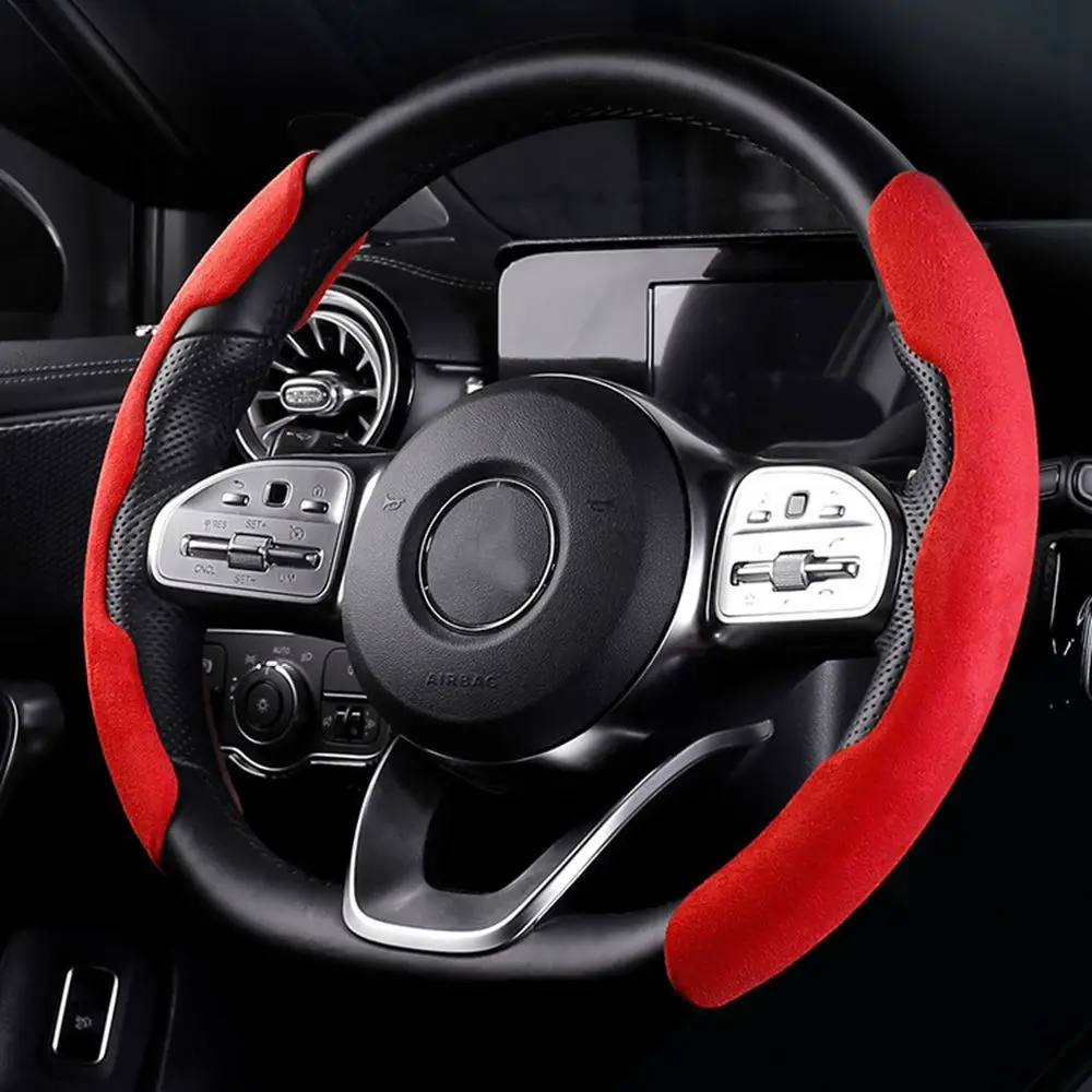 

2pcs Universal Car Steering Wheel Cover Sweatproof Suede Leather Wheel Case Non-Slip Fluffy Soft Wheel Protector Cover