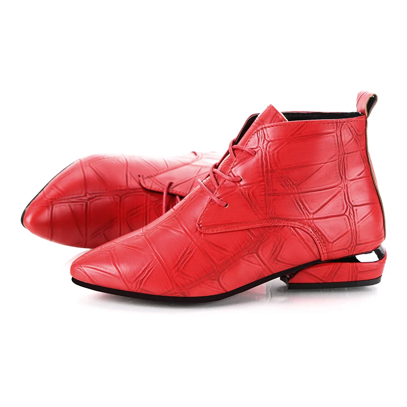 

2019 Autumn Winter Women Fashion Motorcycle Boots Lace-up Soft Leather Ankle Boots Thick Heels Botas Mujer Black Red