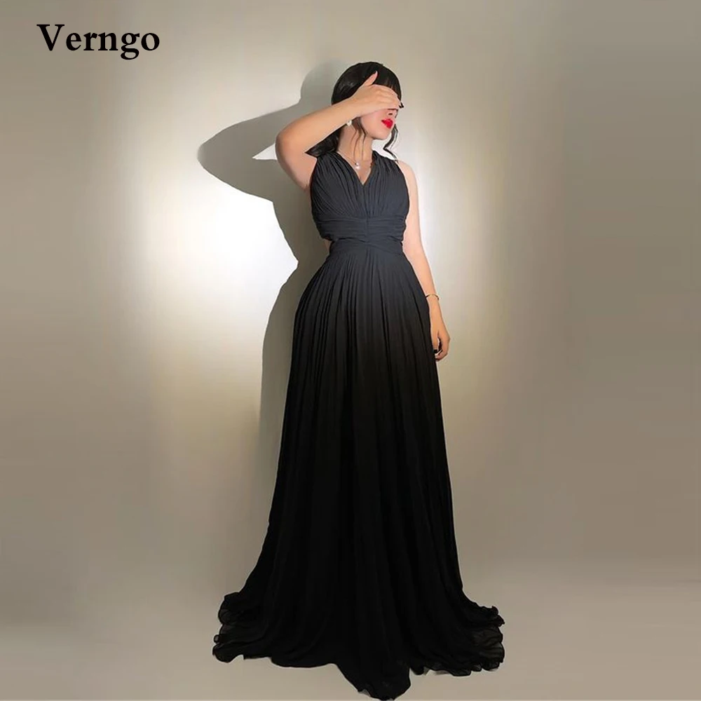 

Verngo Black/Red Chiffon Long Prom Dresses Lace Tied Back V Neck Floor Length Women Simple Formal Evening Gowns Plus Size