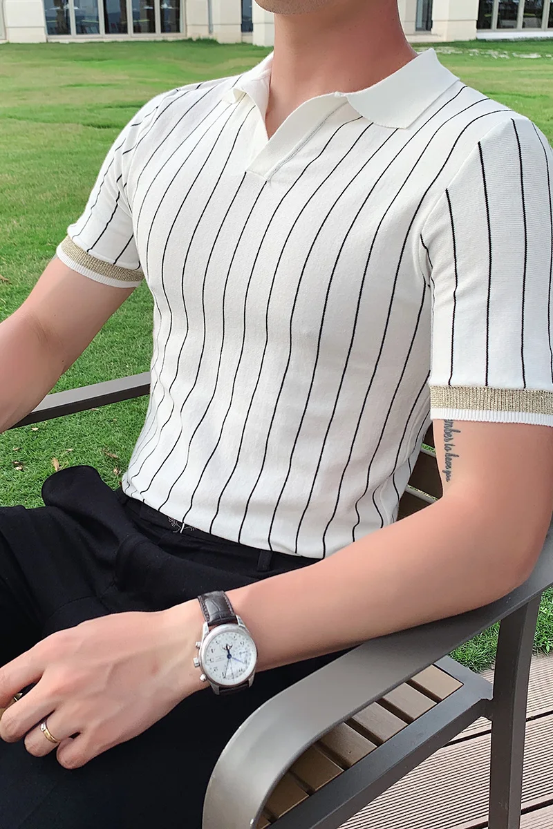 

2021 Summer Casual Short-sleeved Knitted POLO Shirt Lightly Cooked Wind Stripes POLO British Slim Lapel Business Office Shirt