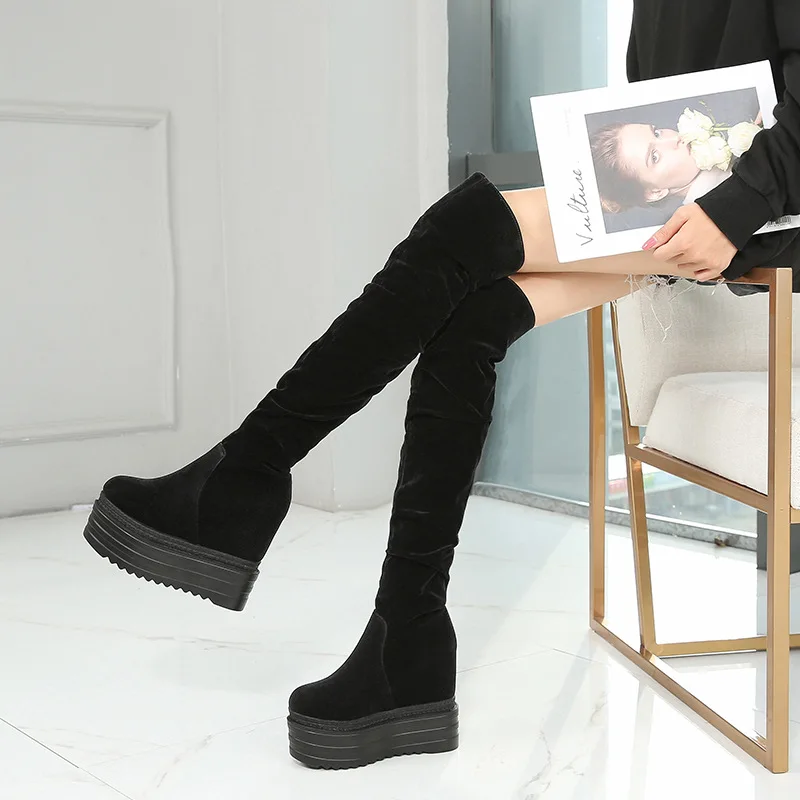 

Sexy Stovepipe Over-the-Knee Boots Concise Fashion Wedges Increase Within Women's Boots 13 Cm Super High Heel Long Tube Boots