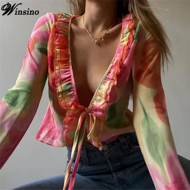 

Print Short Shirt Long Sleeve Women Cropped Blouses Ruffles V Neck Bandage 2021 Summer Casual Shirt Y2K Top Beach Chiffon Blouse
