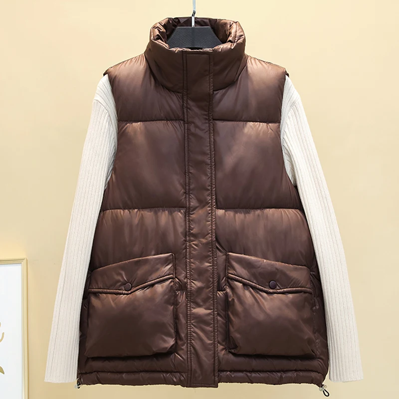 

2021 Solid Woman Vest Short Autumn Winter Down Cotton Coats Loose Sleeveless Jackets Women Waistcoat with Big Pockets