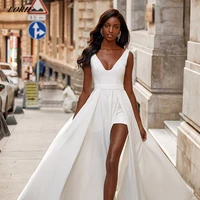 lorie white satin wedding dresses sleeveless zipper back beach women bride dress 2022 v neck a line slit minimalism wedding gown