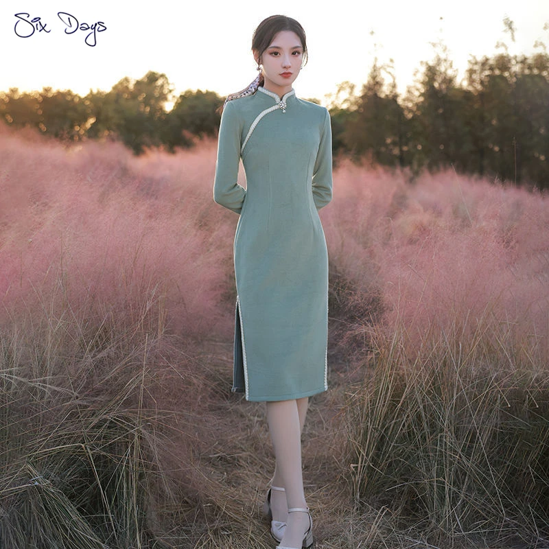 

Retro Women Woolen Pink Dress Young Chinese Modern Qipao Suit Winter Dress Vintage Grace Cheongsam Casual Party Lady Vestidos