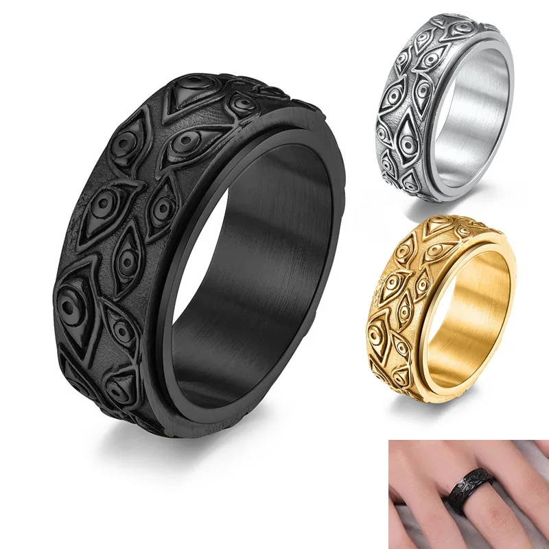 

9MM Engraved Eye Statement Rings Retro Rotatable Stainless Steel Band Vintage Punk Biker Cool Ring Jewelry for Men Size 7-13