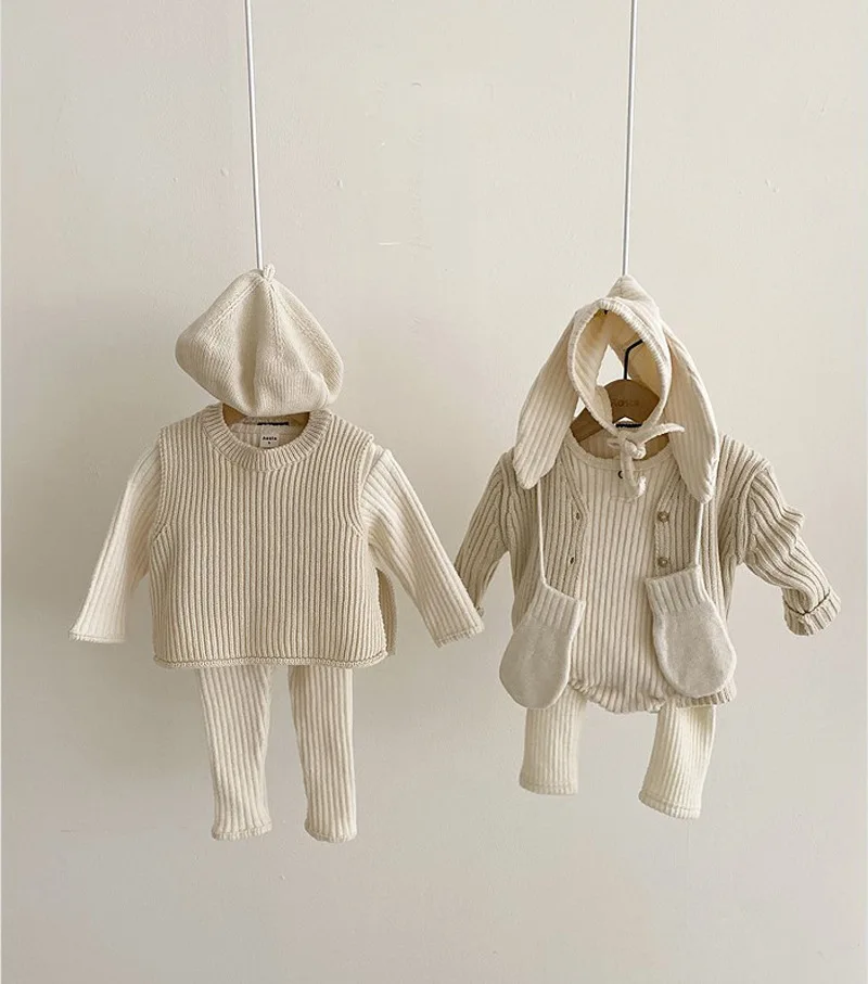 Осенне-зимний комплект одежды для маленьких мальчиков и девочек свитер в рубчик