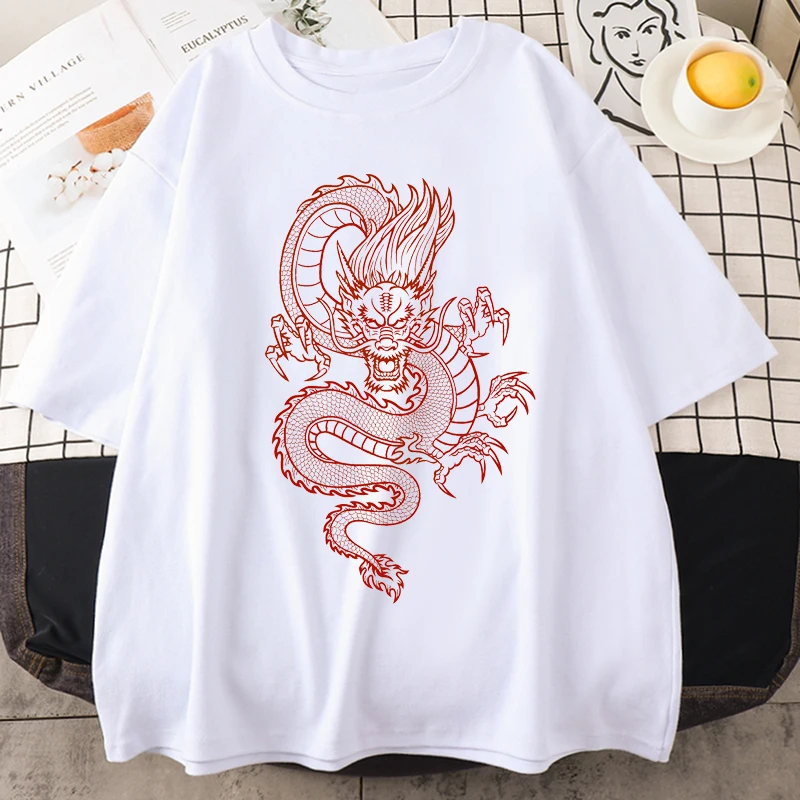 

2021 Korean Fashion Women White T Shirt Dragon Graphic Print Summer Short Shirt O Neck Tshirts Lady Girls Oversized T-Shirts