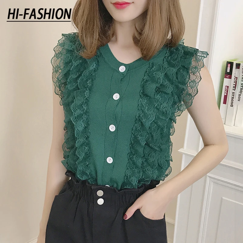 

HI-FASHION 2021 Summer Thin Knitted Tshirt Button Tops Women T Shirt Lace Patchwork Sleeveless Womens Tee Shirt Clothes