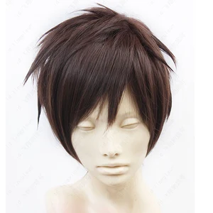 Мужской парик для косплея Эрена джегера из аниме Атака Титанов, темно-коричневый из термостойкого волокна с короткими слоями, с шапочкой