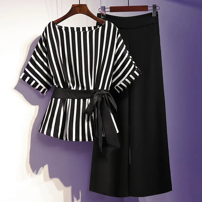 

Women 2020 New Summer Casual Sets Female Striped Short Sleeve O-Neck T-Shirt Top + High Waist Wide Leg Pants Two Piece Sets B08